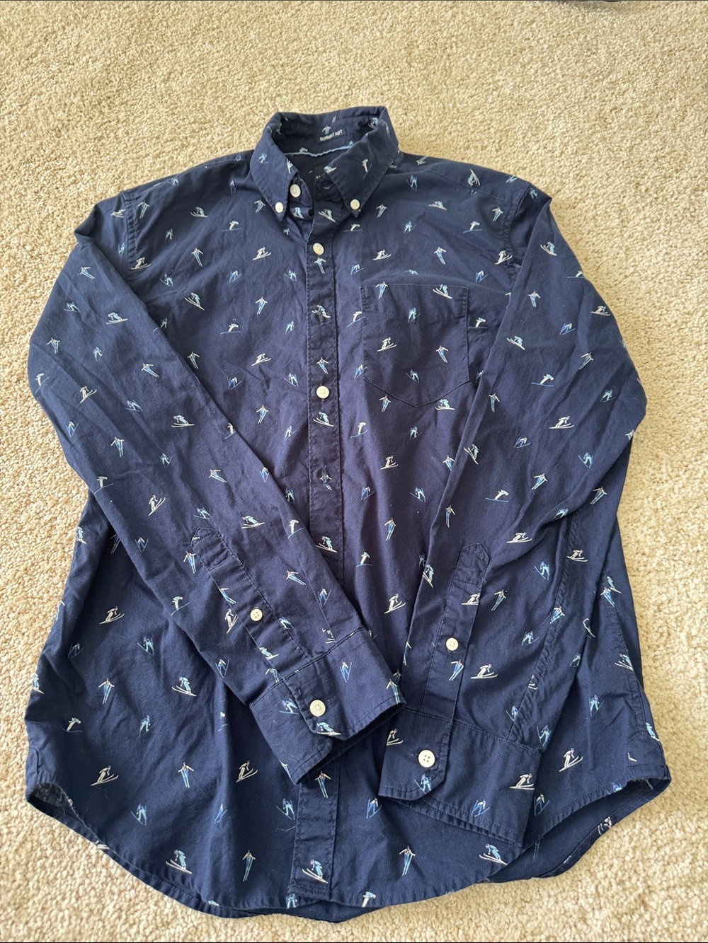 American Eagle Outfitters Navy Short-Sleeve Shirt with Light Blue Surf Motif